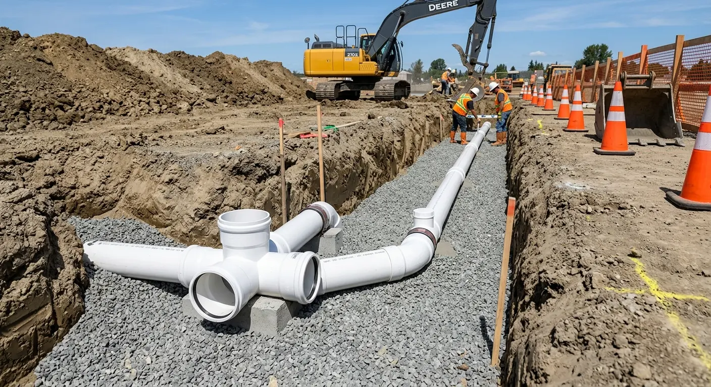 New PVC sewer pipe installation in open trench for Sewer Backup in Edgewater Park