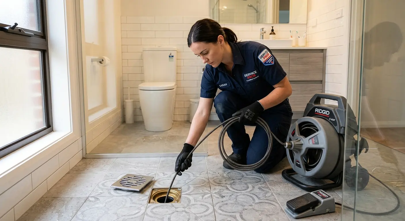 Technician clearing a bathroom floor drain for Hydro Jetting in Edgewater Park